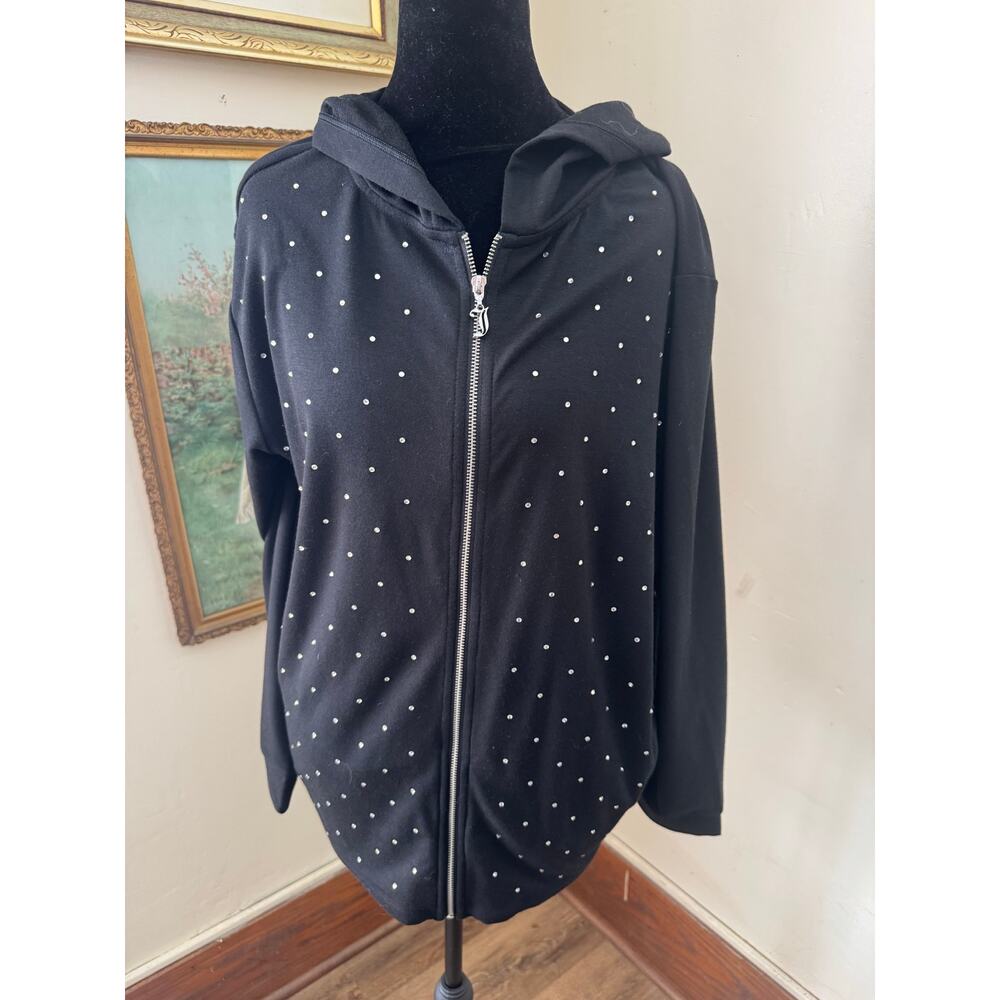 NWT Juicy Couture Black Rhinestone Zip Hoodie XL Hi Low Hem Y2K